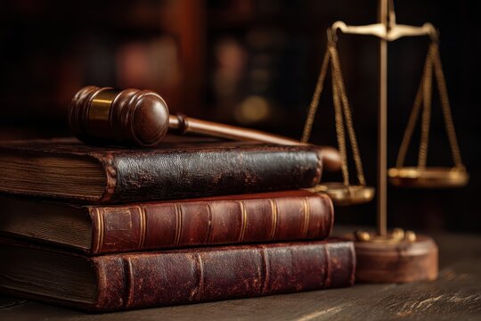 Gavel rests next to law books and scales of justice on a wooden table in a dark library setting conveying the essence of legal authority and knowledge