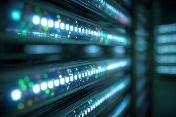 Rows of illuminated server racks glow with blue and green lights in a dark data center.