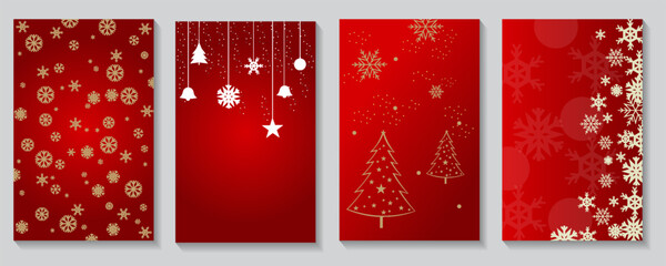 A collection of graphic holiday greeting card designs featuring abstract Christmas trees, hanging baubles, and festive typography. Using gold foil textures and a modern red color palette. eps 10