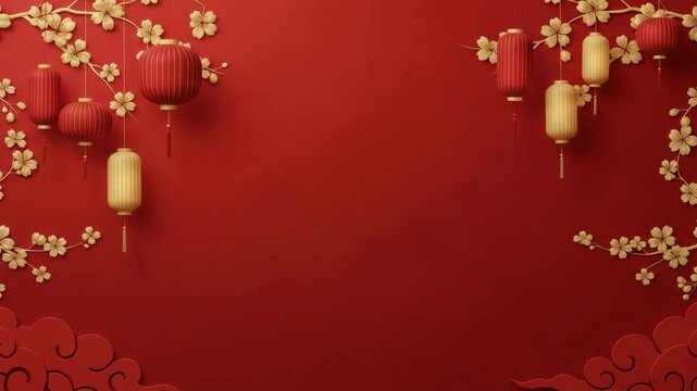 Elegant chinese new year background featuring traditional red and golden lanterns, cherry blossom branches, and oriental clouds on a vibrant red surface. - Powered by Adobe