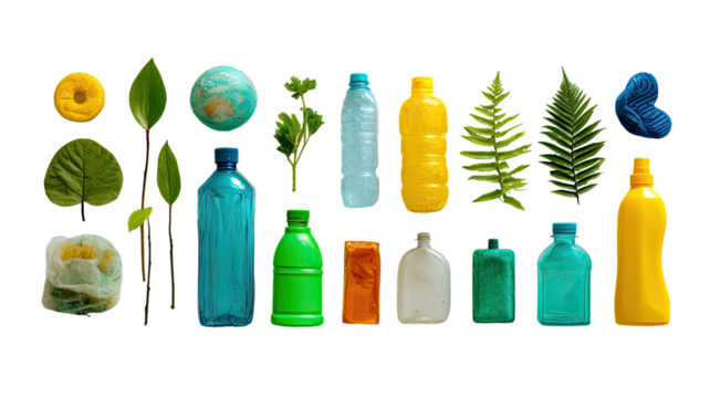 Set of isolated plastic water bottles with blue liquid