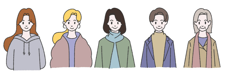 いろいろな女性　冬　年代別　カラー