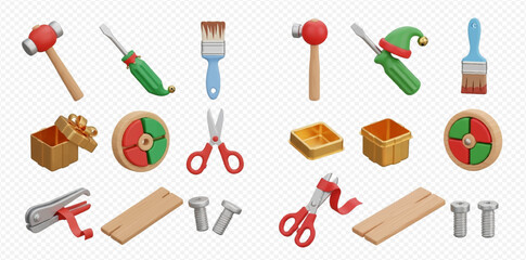 A vibrant 3D rendering of various crafting tools and holiday-themed items, including hammers, screwdrivers, paintbrushes, gift boxes, and scissors, perfect for DIY projects and festive decorations.
