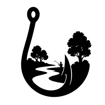 A large fishing hook whose curve transforms into a serene river