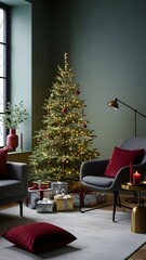 An elegant, serene Christmas living room. A sophisticated spruce tree with white lights and minimalist red ornaments glows softly. A few elegantly wrapped gifts in metallic paper rest beneath it, besi
