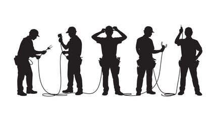 Obraz premium Silhouette of construction workers in various poses vector illustration of builders with tools isolated on white background
