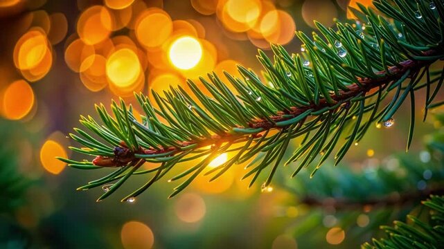Festive Pine Branch: A close-up shot of a vibrant green pine branch, its needles glistening with droplets of water, set against a backdrop of warm.