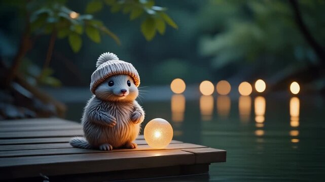 Cute Hamster Wearing A Beanie Sits By A Lake With Lanterns.