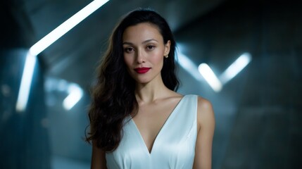 Fototapeta premium fashion shoot of an elegant female model in a white dress standing in a geometric tunnel