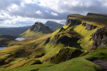 Sunrise over Quiraing mountains highlighting the dramatic landscape of Isle of Skye in Scotland with lush greenery and rugged cliffs