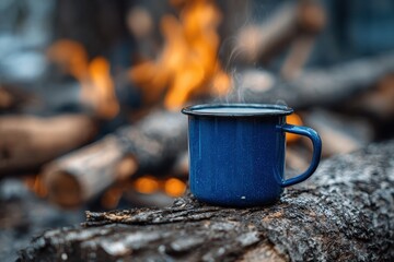 Coffee steaming in a blue enamel cup resting on a log near a cozy campfire during a chilly evening in the woods