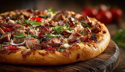 Delicious pizza topped with savory meats, fresh vegetables, and herbs, presented on a rustic wooden board, showcasing appetizing culinary artistry and vibrant colors