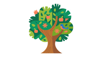 Vibrant Animated Tree: An enchanting illustration of a thriving tree adorned with blossoms, fruit, and a charming bluebird, symbolizing the vitality and interconnectedness of nature.