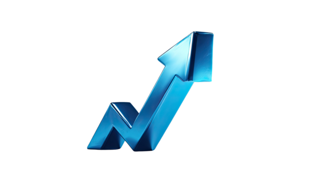 Blue arrow on white background symbolizing business growth and success in a 3D stock market graph illustration