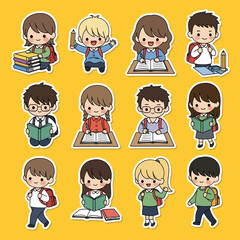 Cute kawaii student sticker set with children studying, reading, writing, and carrying backpacks. Ideal for school graphics, planners, and educational sticker collections