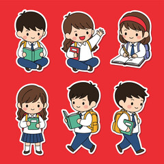 Cute kawaii student sticker set with children studying, reading, writing, and carrying backpacks. Ideal for school graphics, planners, and educational sticker collections