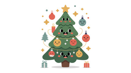 Festive Cheer: An illustrated Christmas tree, adorned with cheerful ornaments and twinkling lights, radiates holiday joy and warmth, embodying the spirit of the season.