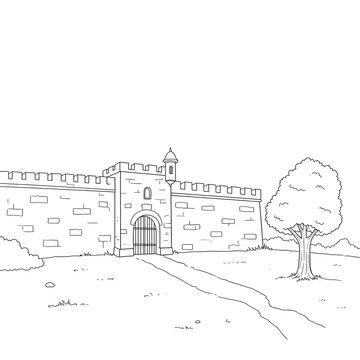 Detailed Medieval Castle Wall with Grand Entrance Gate, Guard Tower, and Lone Tree Landscape Illustration