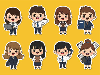 Cute kawaii office worker sticker pack featuring characters with laptops, coffee cups, and planners. Perfect for digital planning, workplace themes, and sticker collections
