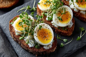Deliciously plated rye bread topped with soft-boiled eggs, creamy cheese, and fresh microgreens, showcasing a gourmet breakfast or brunch dish with vibrant colors and textures