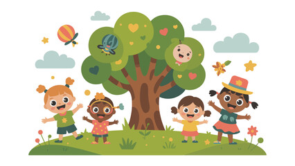 Joyful Gathering: A collection of children's artwork depicts a sunny day, showcasing children embracing nature, set amidst an idyllic, colorful scene full of joy and vitality.