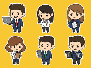 Cute kawaii office worker sticker pack featuring characters with laptops, coffee cups, and planners. Perfect for digital planning, workplace themes, and sticker collections