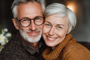 Close-up of a smiling senior couple enjoying each other's company indoors during a cozy afternoon at home, surrounded by warmth and love