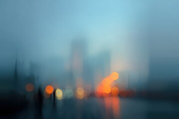 Cityscape at dusk featuring blurred lights and figures amidst a foggy atmosphere creating an ethereal urban environment