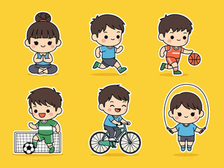 Kawaii sporty people sticker set with characters exercising, running, stretching, and playing games. Ideal for fitness journals, planners, and cute active lifestyle collections