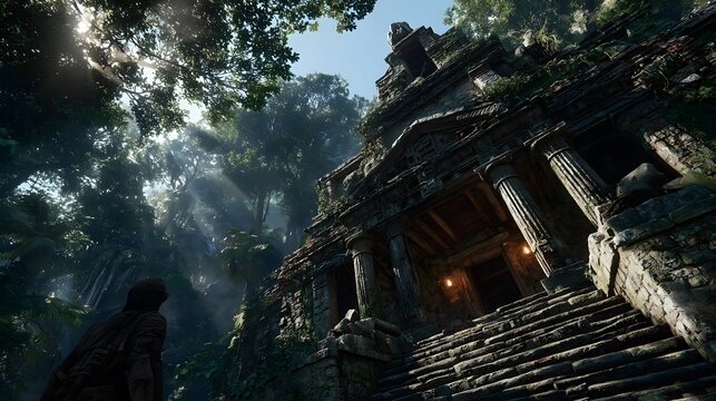 A lone explorer approaches an ancient stone temple in a dense jungle.