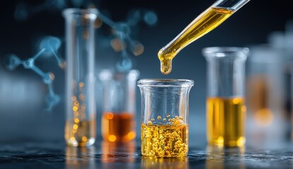 Laboratory scene featuring a dropper releasing golden liquid into a glass beaker, surrounded by test tubes and molecular structures, showcasing scientific experimentation and discovery