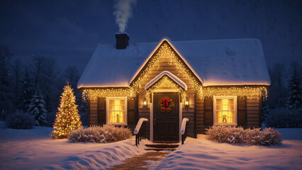 Cozy house decorated with bright Christmas lights and wreath in a snowy night landscape. Holiday season home decor for greeting card and background.