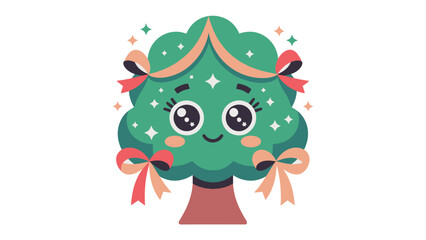 Cheerful Animated Christmas Tree: A charming animated illustration of a Christmas tree with smiling face adorned with festive ribbons and ornaments, radiating joy and festive spirit.