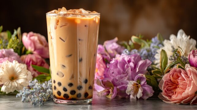 Iced tea beverage with tapioca pearls served in a glass surrounded by colorful flowers, showcasing a refreshing drink perfect for summer enjoyment