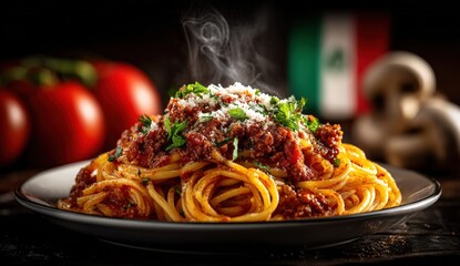 Delicious plate of spaghetti topped with rich meat sauce, garnished with fresh herbs and cheese, served with ripe tomatoes and a hint of steam, evoking a warm culinary experience