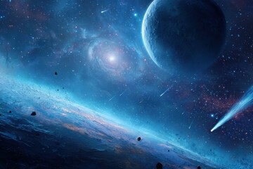 Fototapeta premium Expansive galaxy view showcasing vibrant celestial bodies with a distant planet, swirling nebula, and shooting stars in the outer reaches of space during a cosmic night