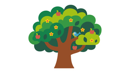 Blossoming Tree Illustration: A vibrant illustration showcasing a healthy tree, complete with lush green leaves, ripe red apples, and delicate yellow flowers, embodying growth and natural beauty.