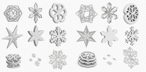 Collection of various 3D rendered snowflake designs and shapes, including intricate, simple, and decorative winter elements.