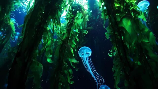 Glowing Blue Jellyfish Swim in Dark Underwater Kelp Forest