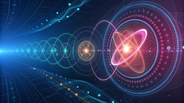 Abstract digital visualization of quantum physics concept showing atomic structure with glowing orbits and interconnected data streams in a futuristic blue light tunnel