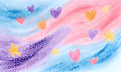 child&rsquo;s hand-drawn abstract page of glowing stars, hearts, and swirling light, symbolic of eternal hope and faith, soft pastel crayon strokes, simple shapes, uplifting children&rsquo;s art style
