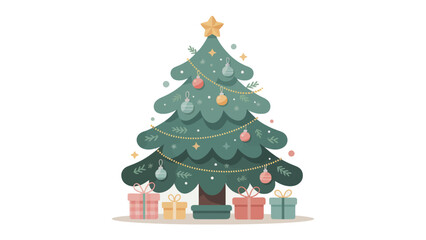 Festive Elegance: A beautifully adorned evergreen tree, adorned with shimmering ornaments and topped with a radiant star, stands in anticipation, surrounded by beautifully wrapped gifts.