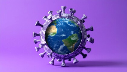 Global Impact - Earth Encased in Coronavirus Structure on Purple Background.