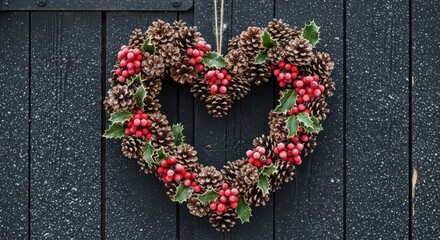 Rustic heart shaped wreath made of pinecones and red berries hanging on a dark wooden door