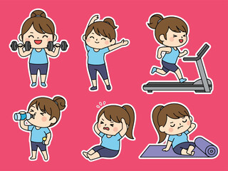 Fun kawaii fitness sticker set with dumbbells, stretching, yoga, and workout expressions. Great for exercise planners, health tracking, and cute sticker collections