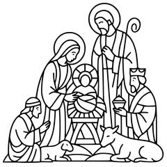 Simple, elegant line art vector illustration of the Nativity scene: Mary, Joseph, Baby Jesus, and the Magi, surrounded by animals