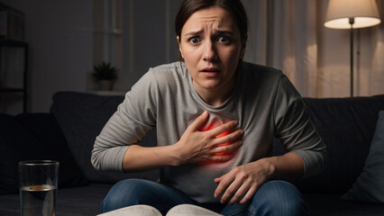 Woman having chest pain on the sofa at home, health problem concept. Caucasian female suffering heart attack or heartburn, medical issue.