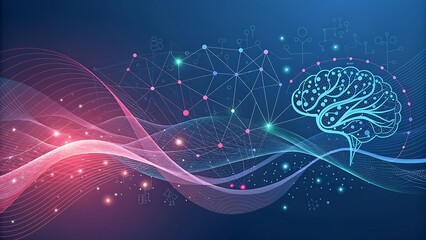 Abstract digital representation of a human brain with glowing neural network connections and flowing data streams in a dark blue background, symbolizing artificial intelligence and technology