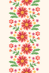 Floral seamless vertical border with red embroidered flowers and green leaves