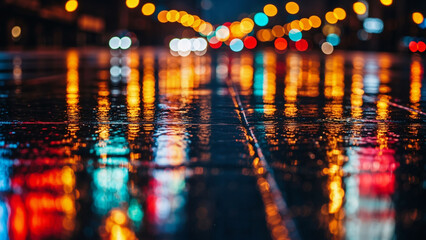 Colorful bokeh street lights illuminating a wet urban road at night. Abstract bright reflection on asphalt after rain. Modern city concept.